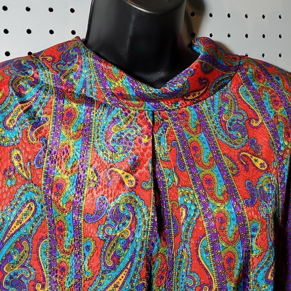 Fabulous Vintage Red Satin Paisley Stripes Dressy Blouse, Sz 14, Cottagecore